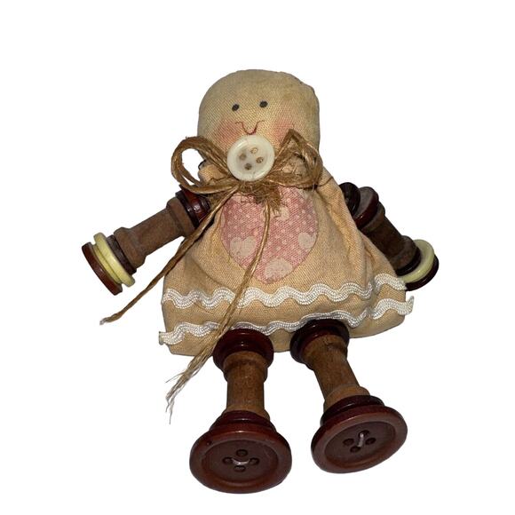 Vintage Stuffed Fabric Girl Decor Magnet Made With Buttons Heart 4 Inches Tall - Picture 1 of 5